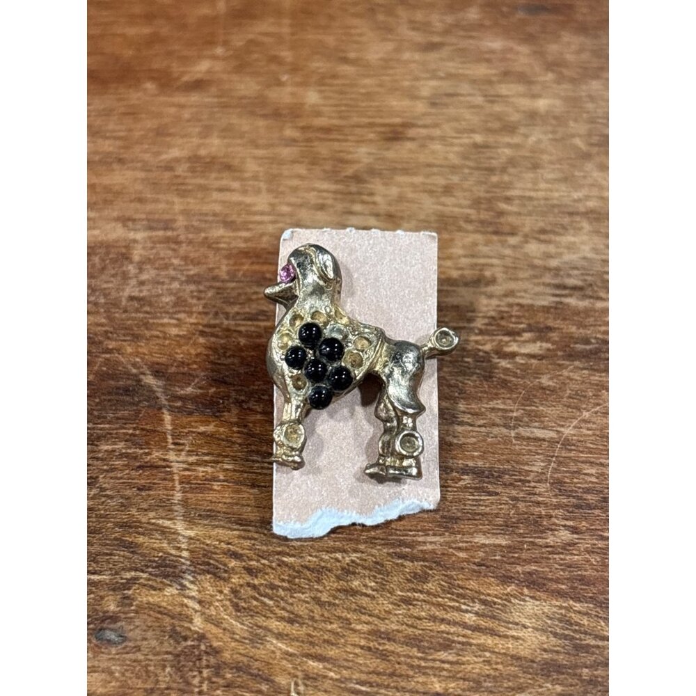 Vintage Mini Gold-Tone Poodle Lapel Pin With Black & Pink Gem Accents